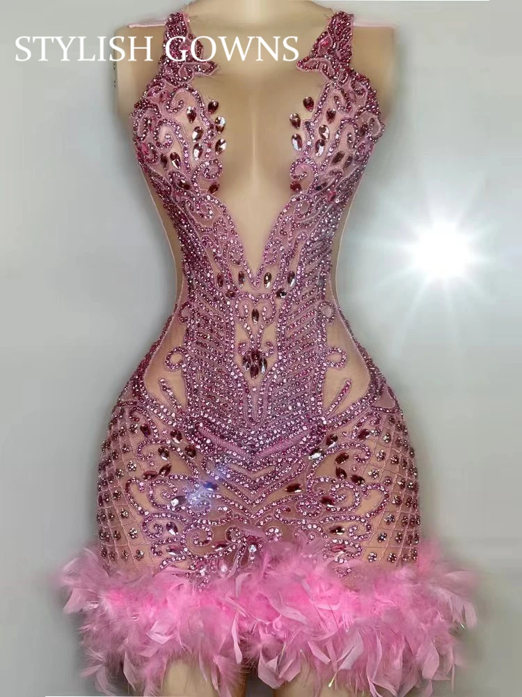 Sexy Sheer See Through Black Girl Short Prom Dress Pink Diamond Luxury Beaded Crystals Women Feathers Mini Cocktail Party Gowns