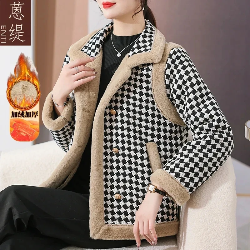 New Mom Fashion Short Plaid Cotton-padded  Middle-aged Women's Fleece Warm Loose Coat Tide In Autumn And Winter 5XL