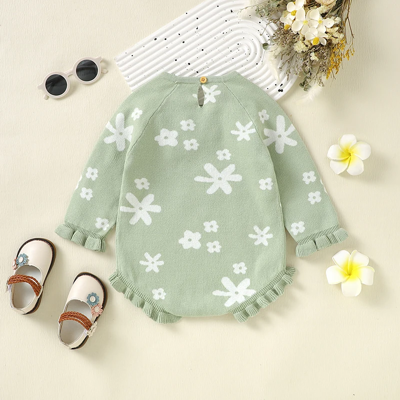 Autumn Baby Bodysuits Cotton Knit Newborn Girls Jumpsuit Long Sleeve Romper Infant Clothes Fashion Floral Overalls 0-18M Ruffles