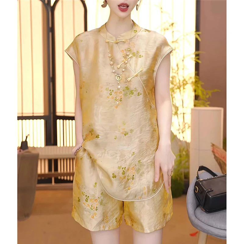 

Chinese Style Elegant 2 Piece Set Summer Women Floral Print Shorts Suit Stand Collar Frog Button Blouse Thin Soft