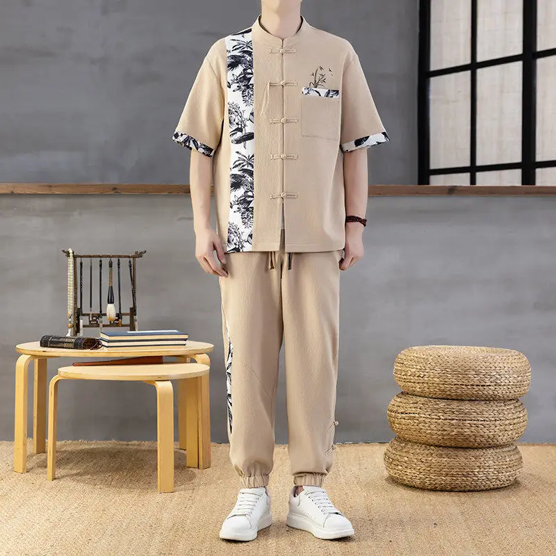 

Loose Casual Men's irt ort Sve Summer Faionable Two-Piece Set Traditional Chinese Sle Polyester And Spandex Blend
