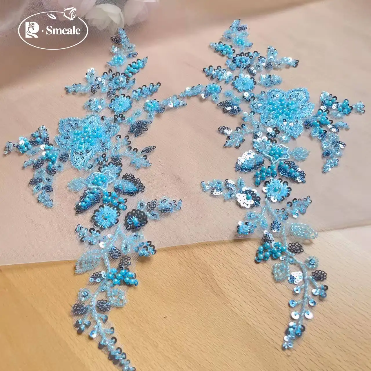 10-farbige Perlen-Pailletten 3D-Aufkleber Spiegelblume. Spitzenstoff Abendkleid. Applikations-Patch-Dekoration für Brust und Rücken – Detail 8