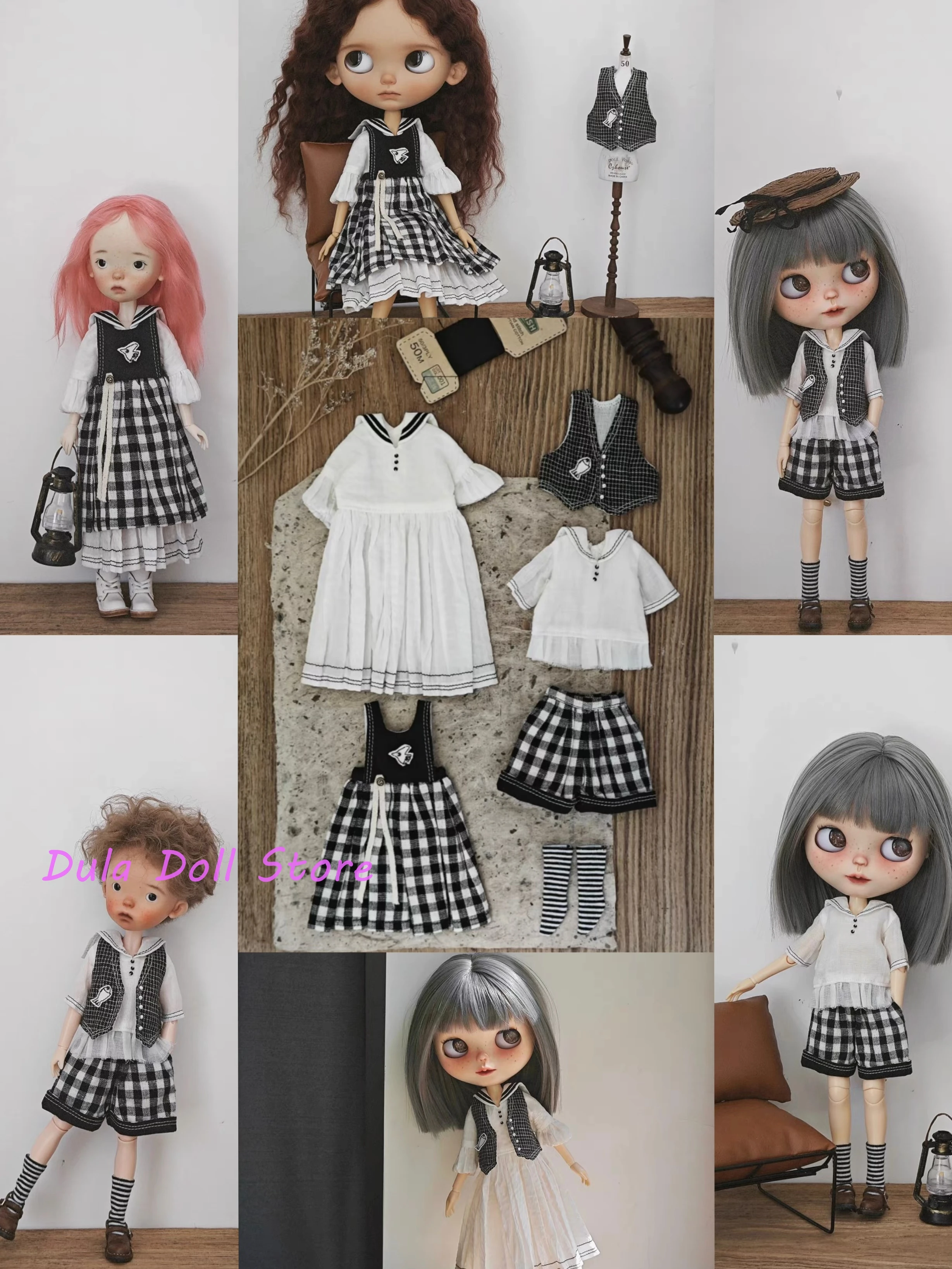 （Sewing time 1 month）Dula Doll Clothes Dress Black and white navy style skirt Blythe Qbaby ob24 ob22 Azone Bjd Doll