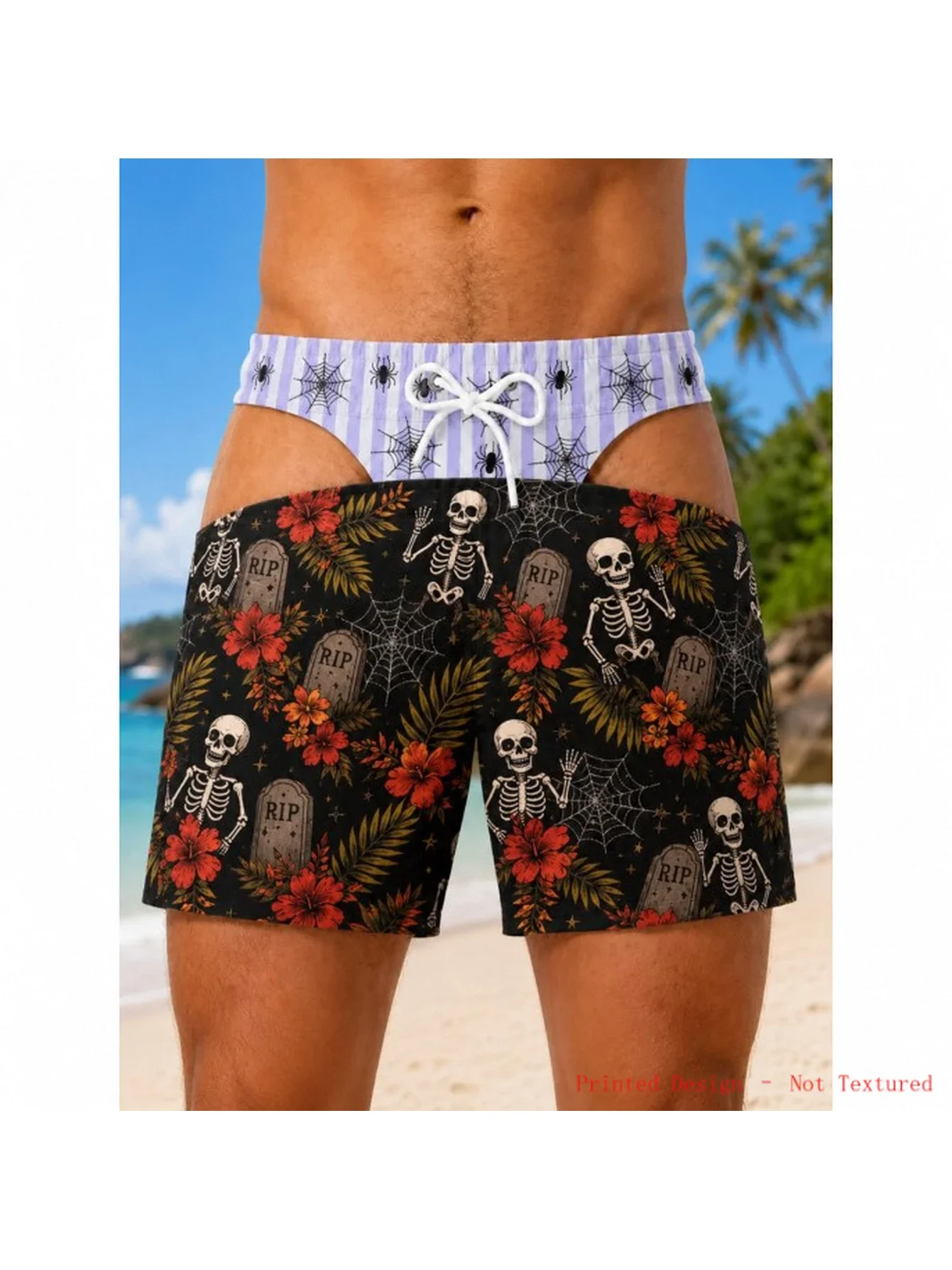 Men Summer Quick Dry Board Shorts Humor Illusion Fake Ripped Design Halloween Skull RIP Tombstone Hibiscus Print Party Swim