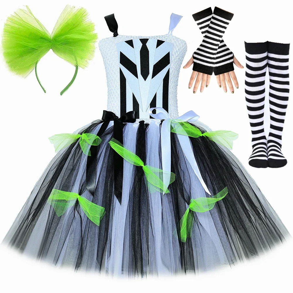 

Black White Striped Beetle Juice Tutu Dress Beetlejuice Costume for Girls Halloween Cosplay Carnival Party Dress Up Clothes 14T