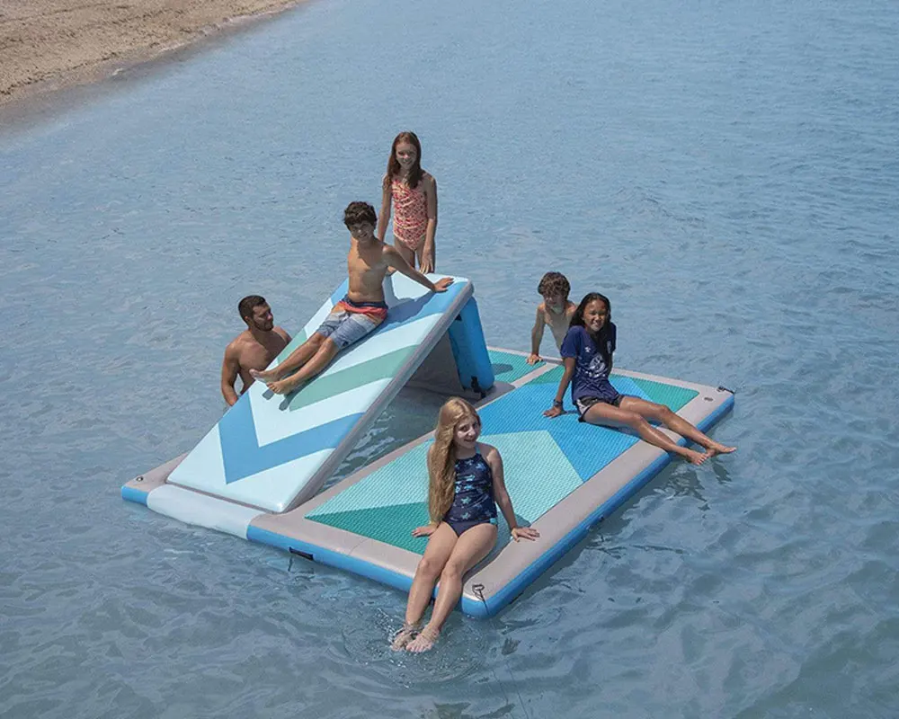 

2.5M Water Play Equipment Inflatable Floating Island Drop Stitch Fishing Boat Dock With Slide