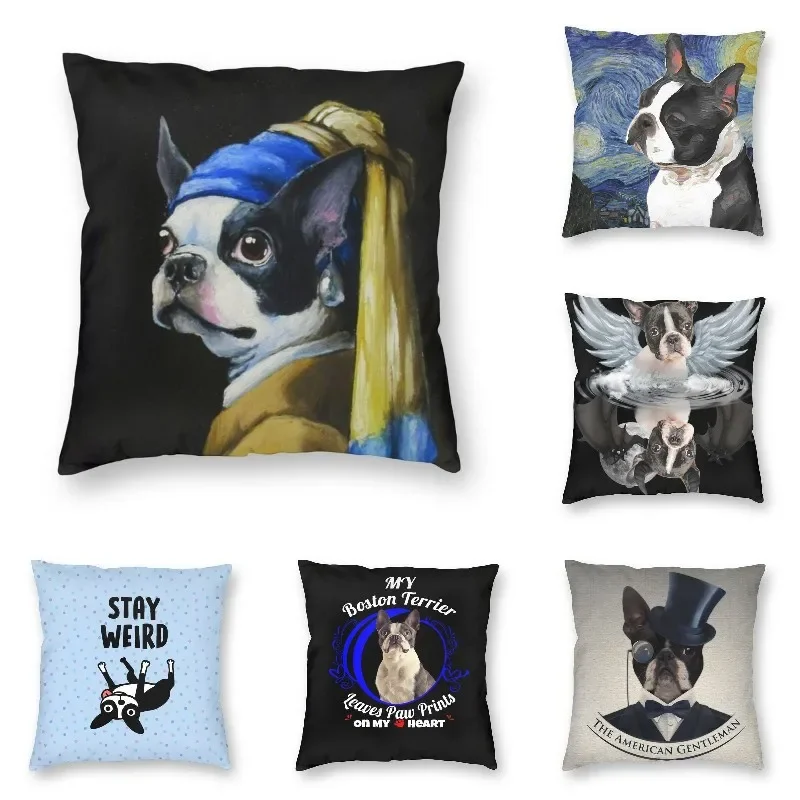 Luxury With A Pearl Earring Sofa Cushion Cover Velvet Cartoon Boston Terrier Dog Pillow Case Living Room Decoration Home Decor