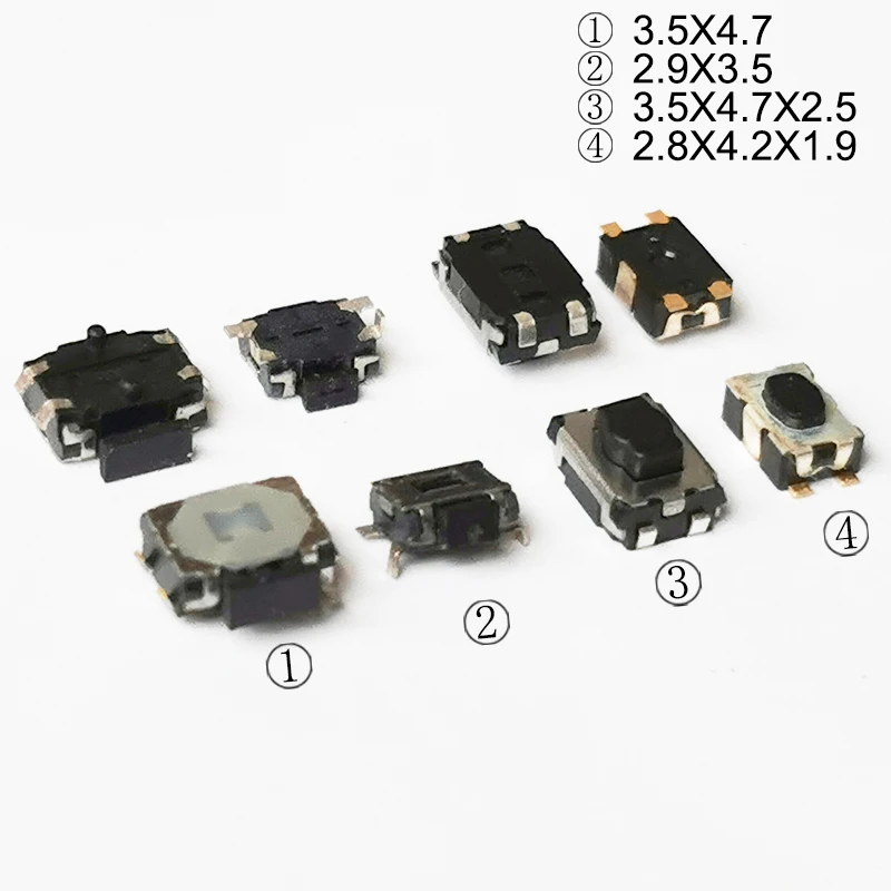 Joli à bouton-poussoir tactile momentané pour téléphone, bouton latéral, 4 broches, UType SMT, noir, 4,7x3,5x5/2, 2.8x4.2x1.9mm, 20 pièces