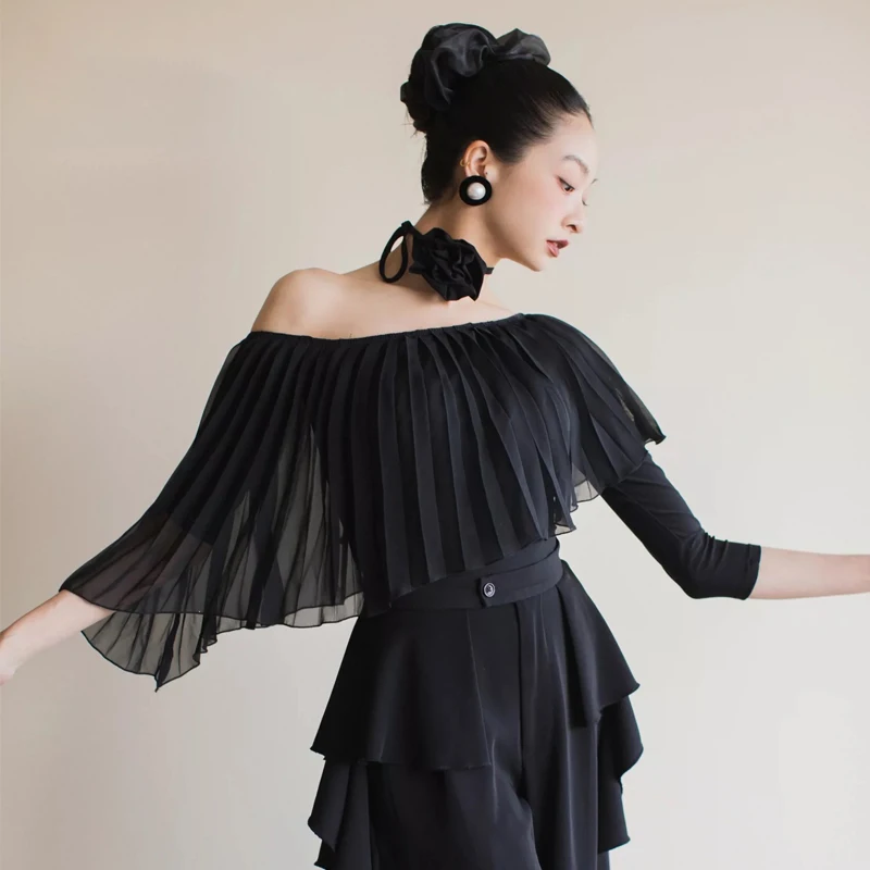 Sexy Off-Shoulder Latin Dance Bodysuit Women Black Ruffled Sleeves Latin Top Adults Ballroom Dance Costume Training Wear SL11760