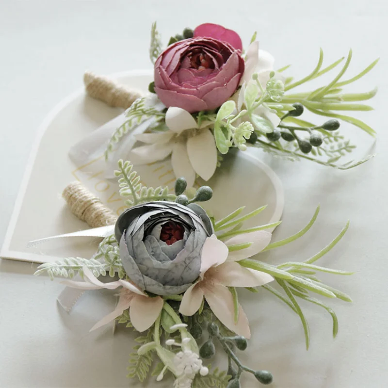 вечірні сукні Artificial Flowers Buttonhole Groom Boutonniere Corsage Bracelet Bridesmaid White Pink Silk Brooch Marriage Pins