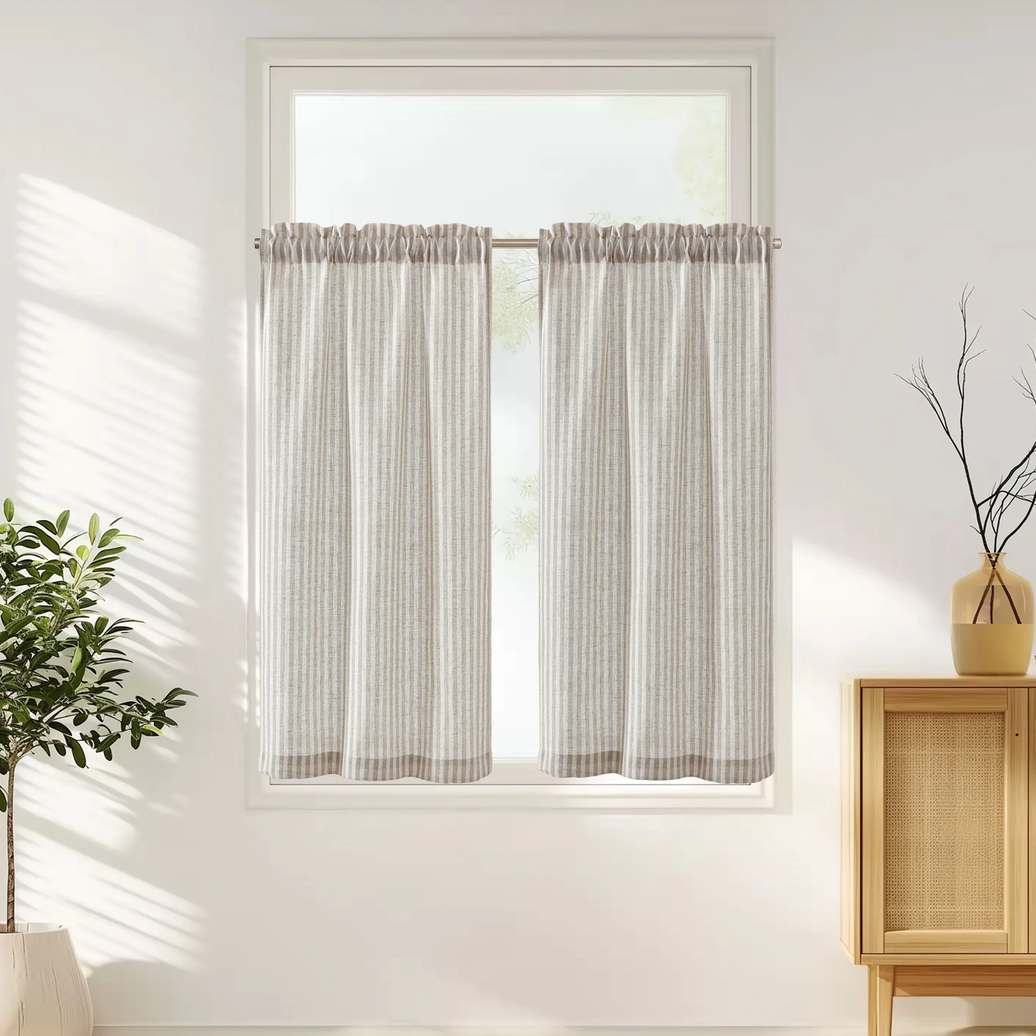 JINCHAN 2 Panels Linen Kitchen Curtains Japanese Striped Short Cover Curtains Rod Pocket Home Interior Shade Window Drapes Cafe