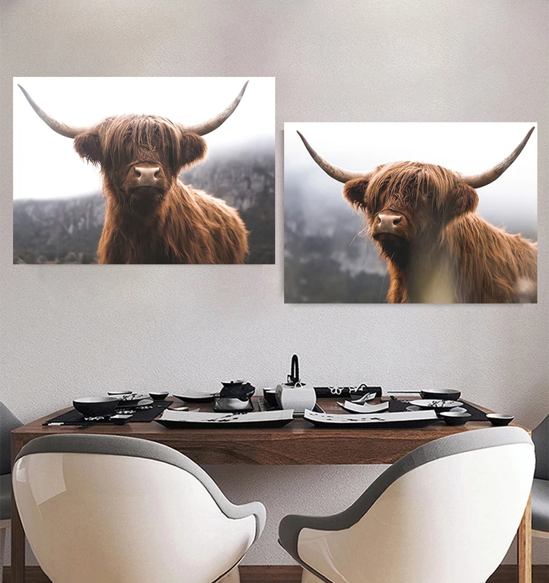 Animal Highland Cow Scottish Highland Cow Cattle Art Posters Canvas Painting Black White Wall Prints Pictures Room Home Decor