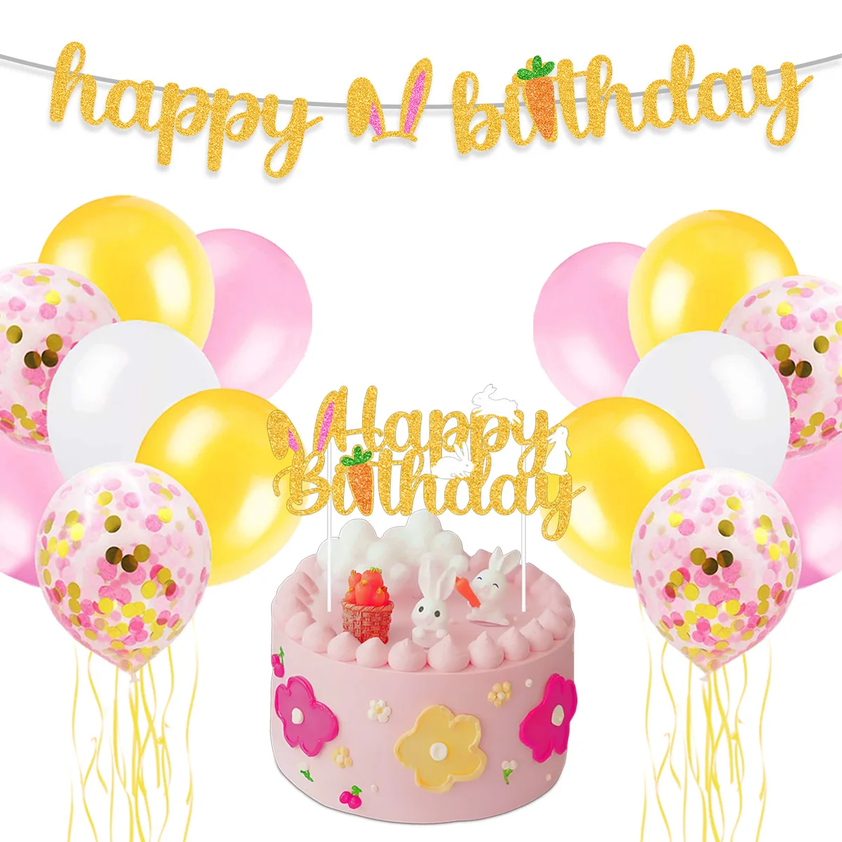 

Easter-Themed Party Decoration Easter Birthday Setup Flag Balloons Cake Accessories Set