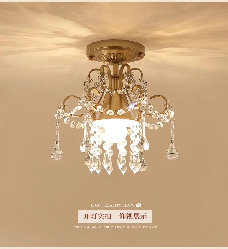 Simple crystal chandelier single head bedroom aisle balcony entrance crystal small hanging lamps, E27, white/gold Dia 23cm