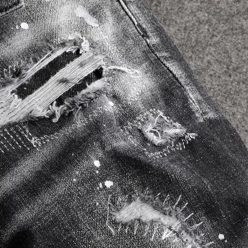 

Street fashion men's jeans, high-quality stretch slim fit, painted ripple black gray jeans, hip-hop brand products, designer pan