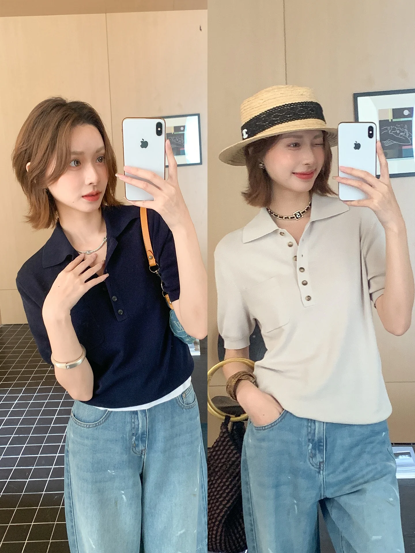 

Original C Yarn irt Women's Faionable Versatile ort Sve Casual Knitted Top Summer 2 Colors Slim Fit Daily Cotto...