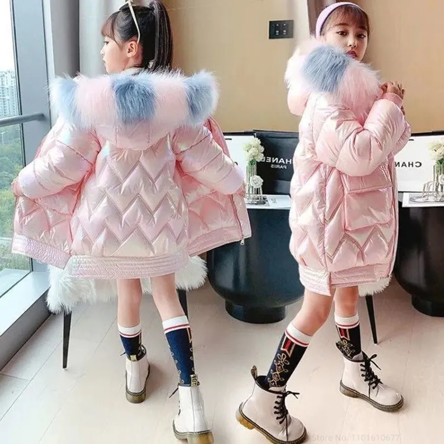 2023 Winter Shiny Jacket For Girls Hooded Warm Children Girls Winter Coat 3-14 Years Kids Teenage Cotton Parkas Outerwear