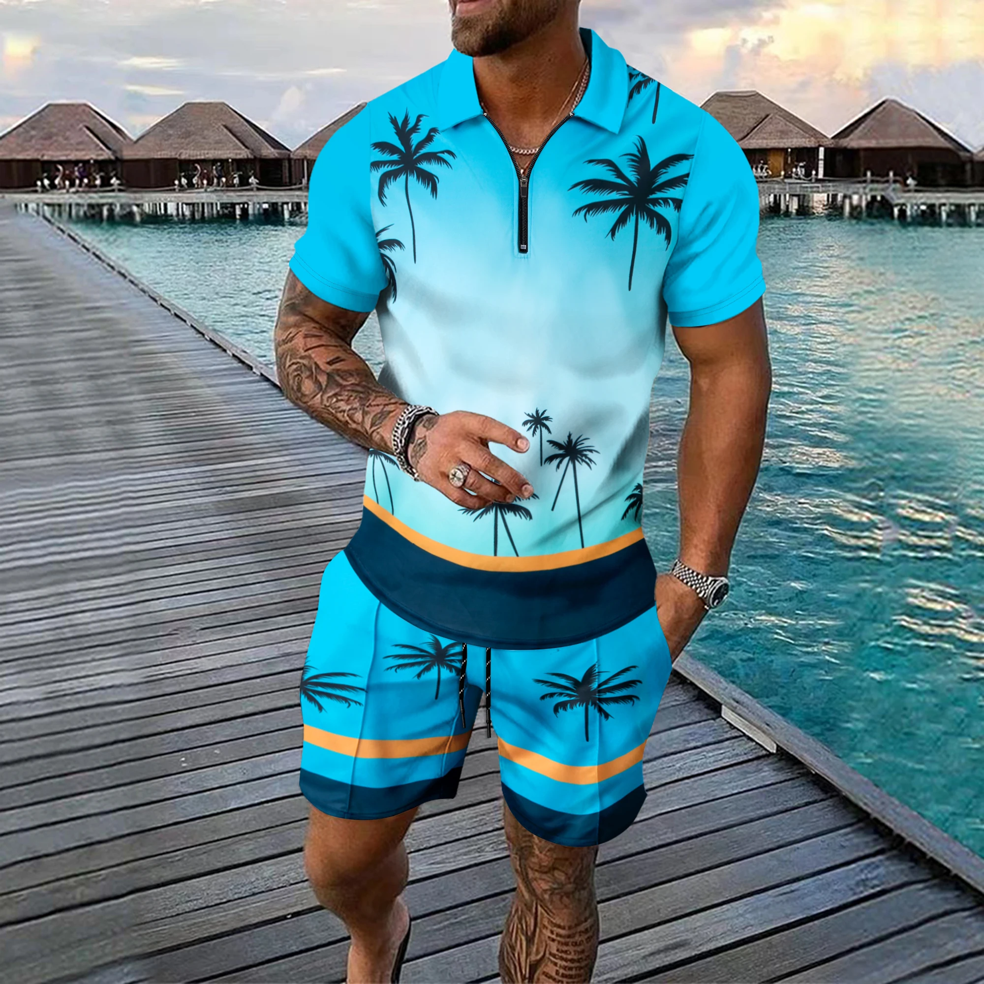 

Fashion 3D Coconut Tree Print Men's Sets Short Sleeve Polo Shirts Shorts 2 Piece Outfit Summer Casual Zip Polo Tees Street Suit