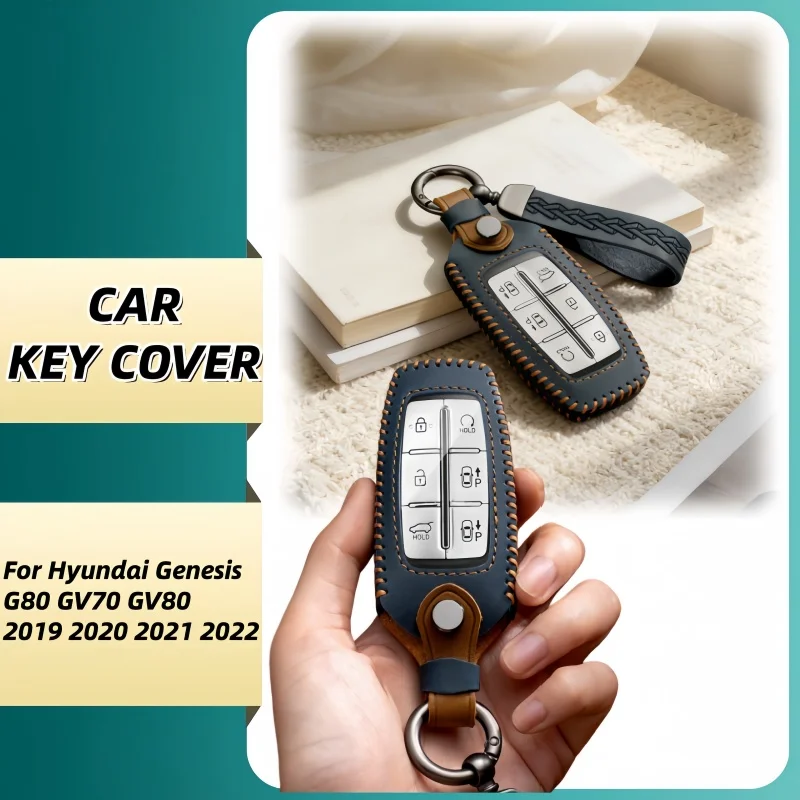 

Leather Car Key Case Cover For Hyundai Genesis GV70 GV80 GV90 2020 2021 2022 Shell Fob Holder Ring Protector Keychain