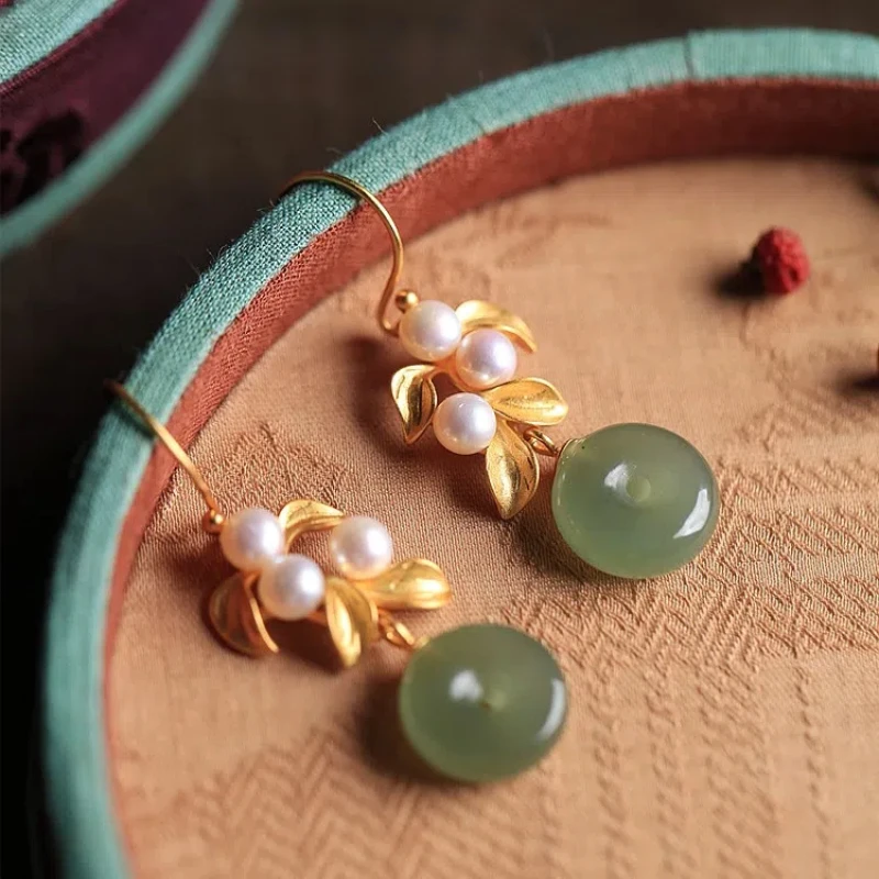 

Hotan Jade Earrings Han Suit Safety Buckle Chinese Style Vintage Style Earrings Female Earrings Jewelry