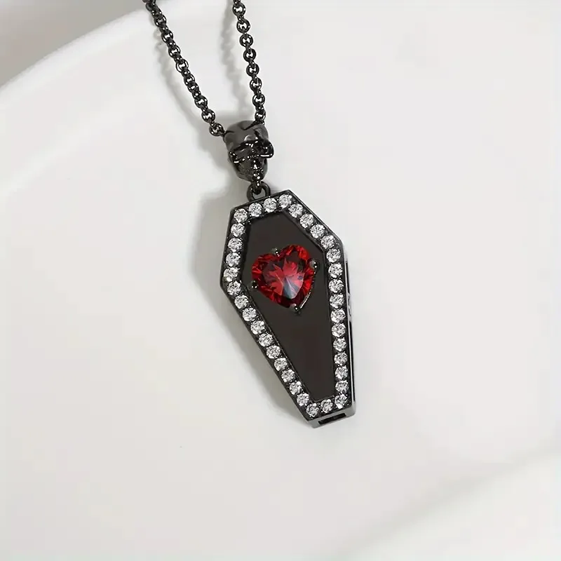 Vintage Gothic Coffin Pendant Necklace with Red Heart zirconia Skull Detail, Synthetic Stones, Copper Chain, Dark Plating - Vers
