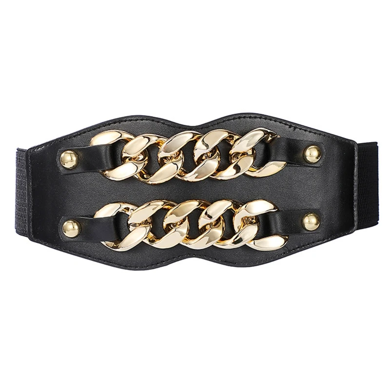 Simple Women Waist Belt Elastic Vintage PU Leather Corset with Geometric Chain