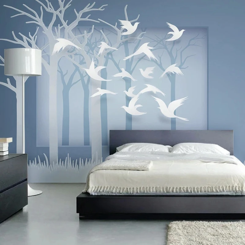 

Custom 3D Mural Abstract Forest White Flying Birds Wallpaper For Bedroom Walls House Decoration Papel De Parede 3D Sala Fresco