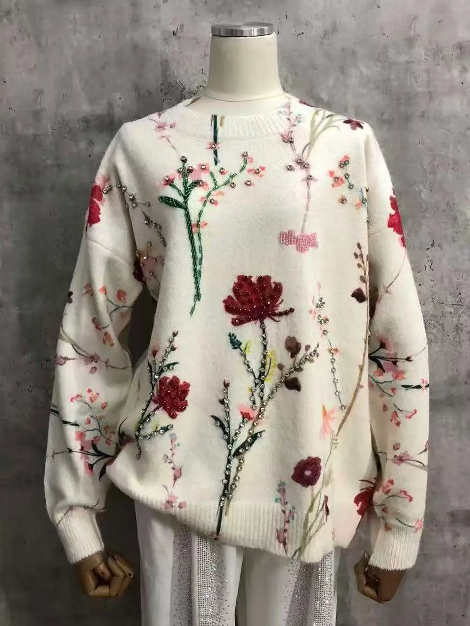 High-end Sparkle Diamonds Flowers Printed Sweater Women\'s Autumn Winter Clothes New Trend Outerwears Knitted Pullover pull femme