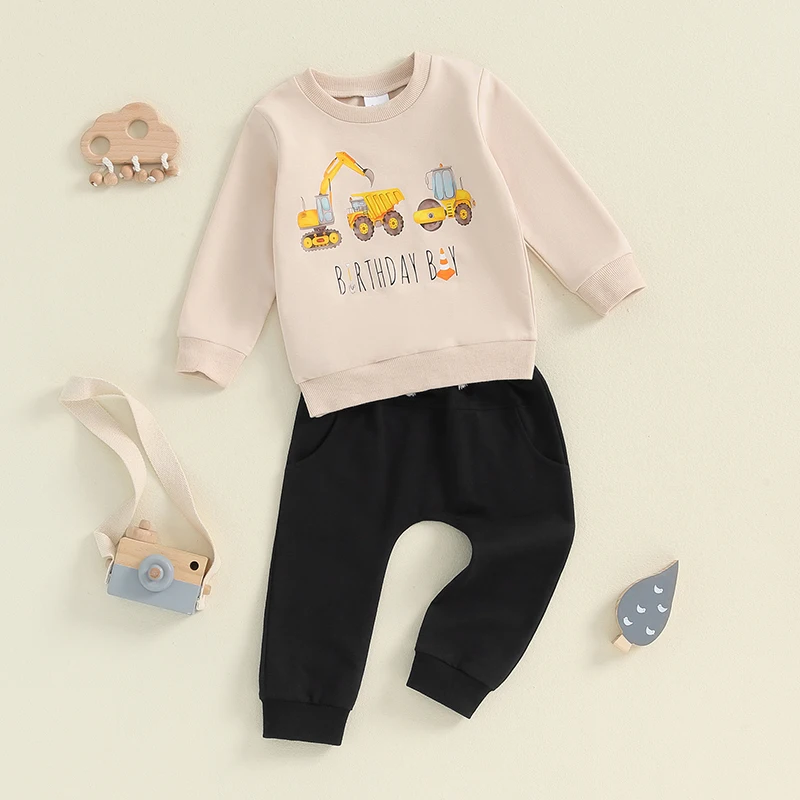 2024-05-30 Lioraitiin Little Boy Birthday Outfit, Excavator Print Long Sleeve Sweatshirt Pants with Pockets 2Pcs Set for Fall