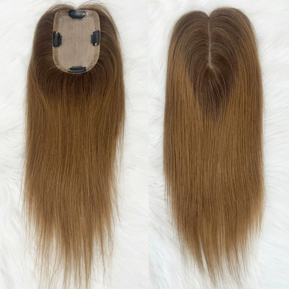 شعر مستعار بشري بقاعدة حرير للنساء ، علوي بلونين ، بني وأومبير ، قطعة شعر عذراء ، بو حولها ، جلد سيليكون ، 9x14cm