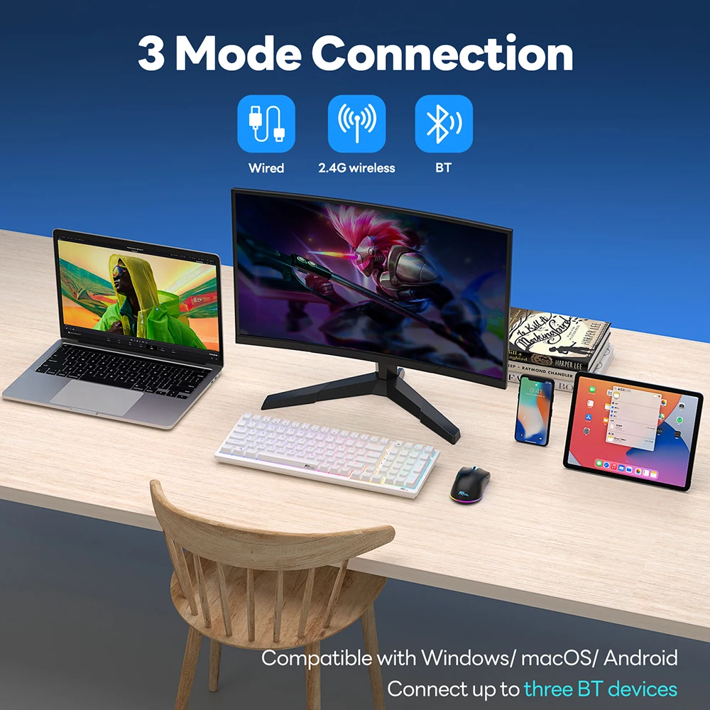 لوحة مفاتيح ميكانيكية لاسلكية إسبانية RK Royal Kludge RK98 ثلاثية الوضع 2.4G/Bluetooth/USB سلكية RGB لوحات مفاتيح ألعاب قابلة للتبديل السريع