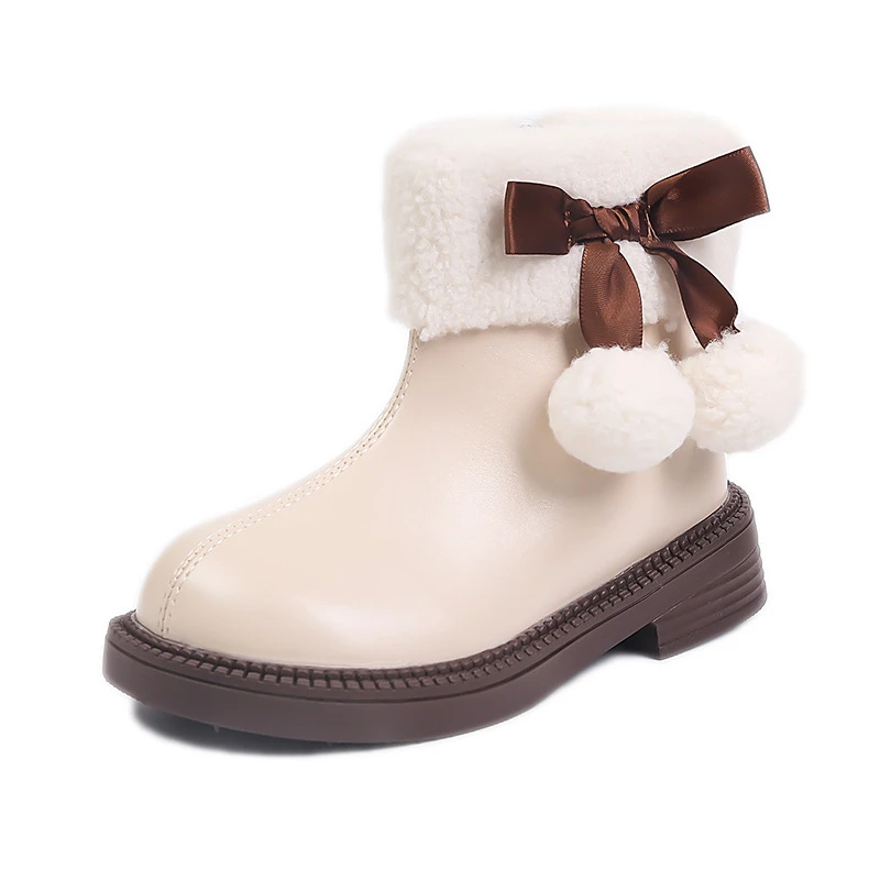 

Детские повседневные ботинки, ботинки до середины икры, зимняя обувь принцессы с бантом из искусственной кожи для девочек, нескользящая теплая бежевая черная обувь, размер 26-37