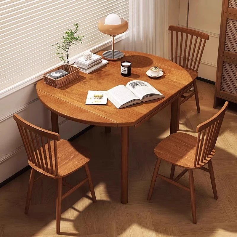 

Solid wood folding round table household small apartment retractable combination dual-purpose Nordic