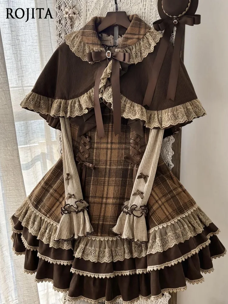 

Puff Lolita Retro Autumn Winter Woolen Long Sleeve Plaid Cake Dress Christmas Set Strap Dress + Inner Top + Shawl with Bustle