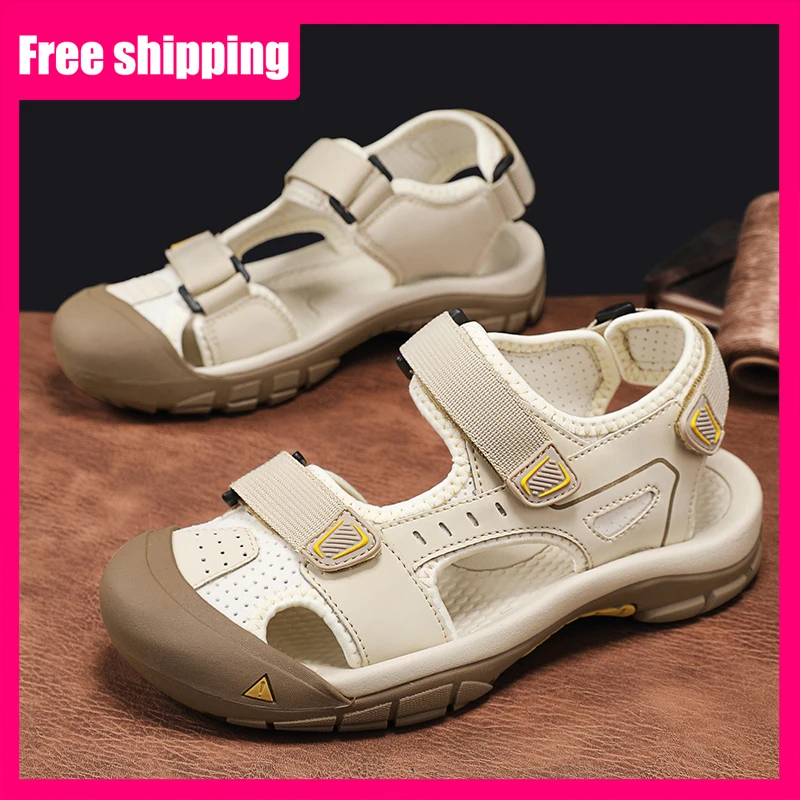 

Мужские модные сандалии с перфорацией из кожи, дышащие, для активного отдыха, с закрытым носком, пляжные, повседневные, 2026 Новинка, нескользящие пляжные туфли для мужчин