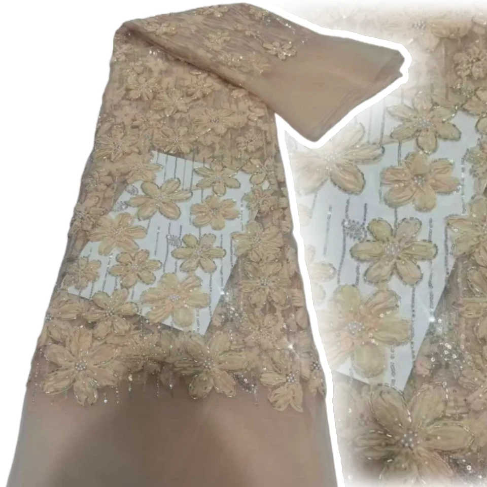 

African Sequins Beaded Lace Fabrics 2025 High Quality French Embroidery Beads Lace Fabric for Nigerian Wedding Sewing AH1726