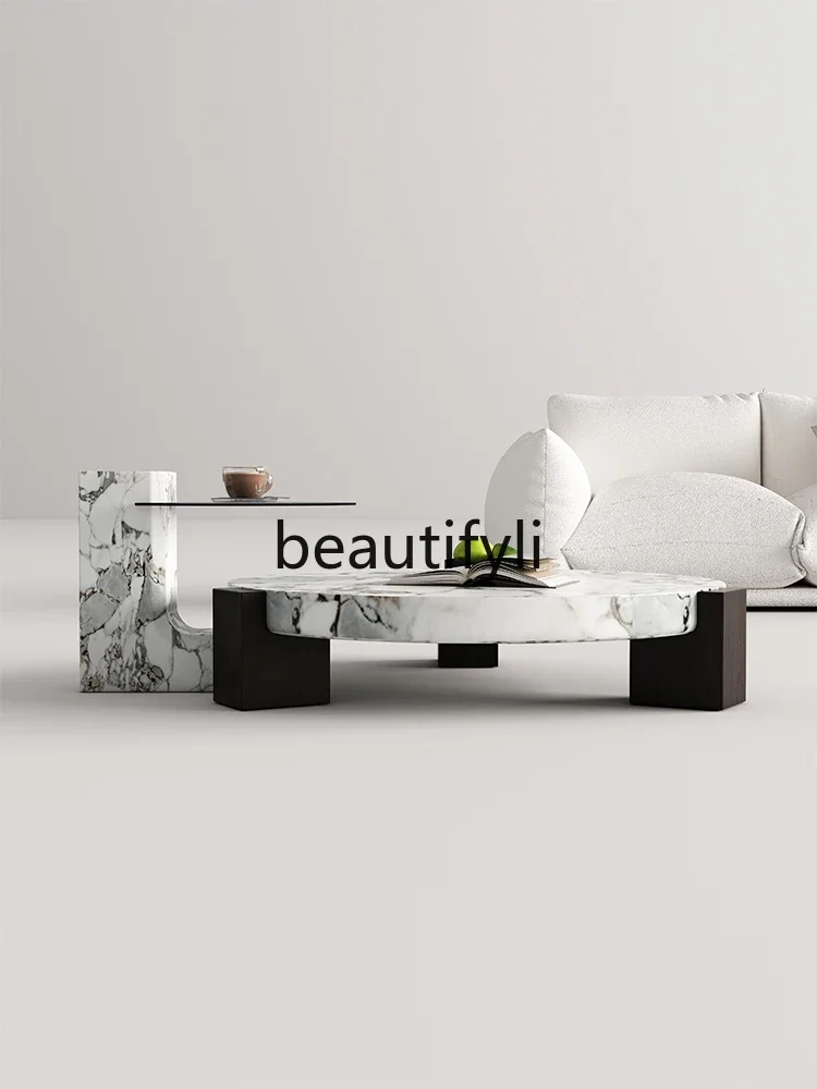 Italian minimalist natural marble coffee table combination living room round modern household small apartment