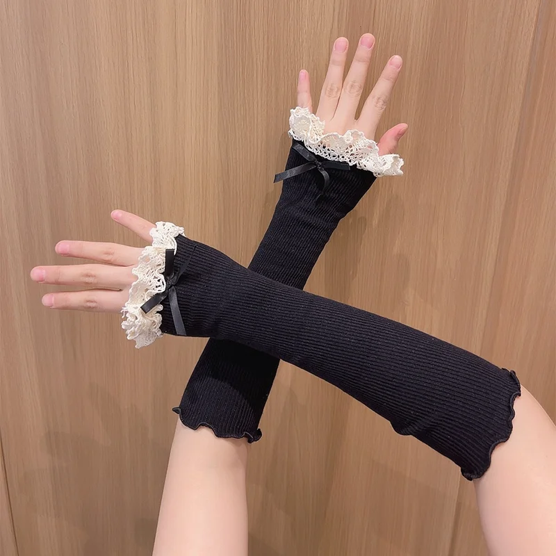 

Sun-protective lace bow warm ruffle arm sleeves, women's sweet cuff elbow fingerless long sleeve clothing accessories