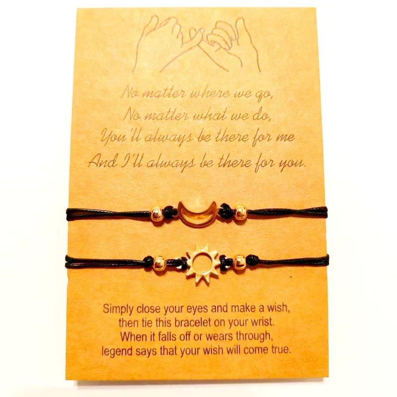 Trendy Sun, Moon and Stars Couples Bracelet Set with Blessing Cards, Adjustable Handmade Braided Rope Bracelet Set