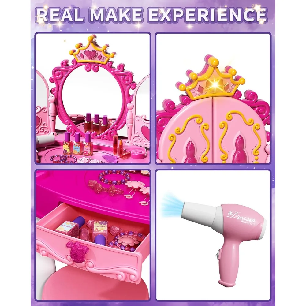 مجموعة مكياج للفتيات مع مرآة وكرسي وأضواء وموسيقى - طاولة تلبيس للأطفال الصغار من عمر 3-5 سنوات