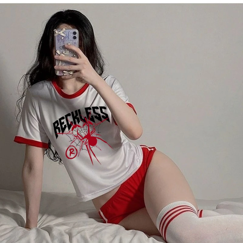 

Женские винтажные футболки с короткими рукавами, уличная одежда в готическом стиле, тонкий топ в стиле Харадзюку Y2k, креативная футболка с буквенным принтом паука, сексуальная эстетичная футболка в стиле панк
