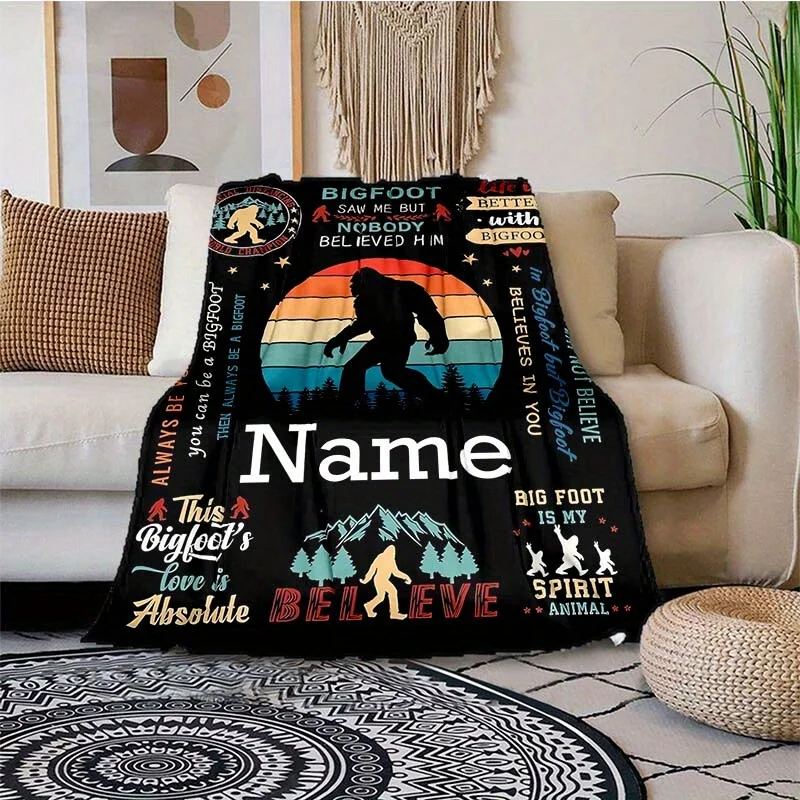 Customized Bigfoot Name Blanket Soft and Warm Flannel Blanket with Vibrant Cartoon Design Perfect for Sofa Bed Outdoor