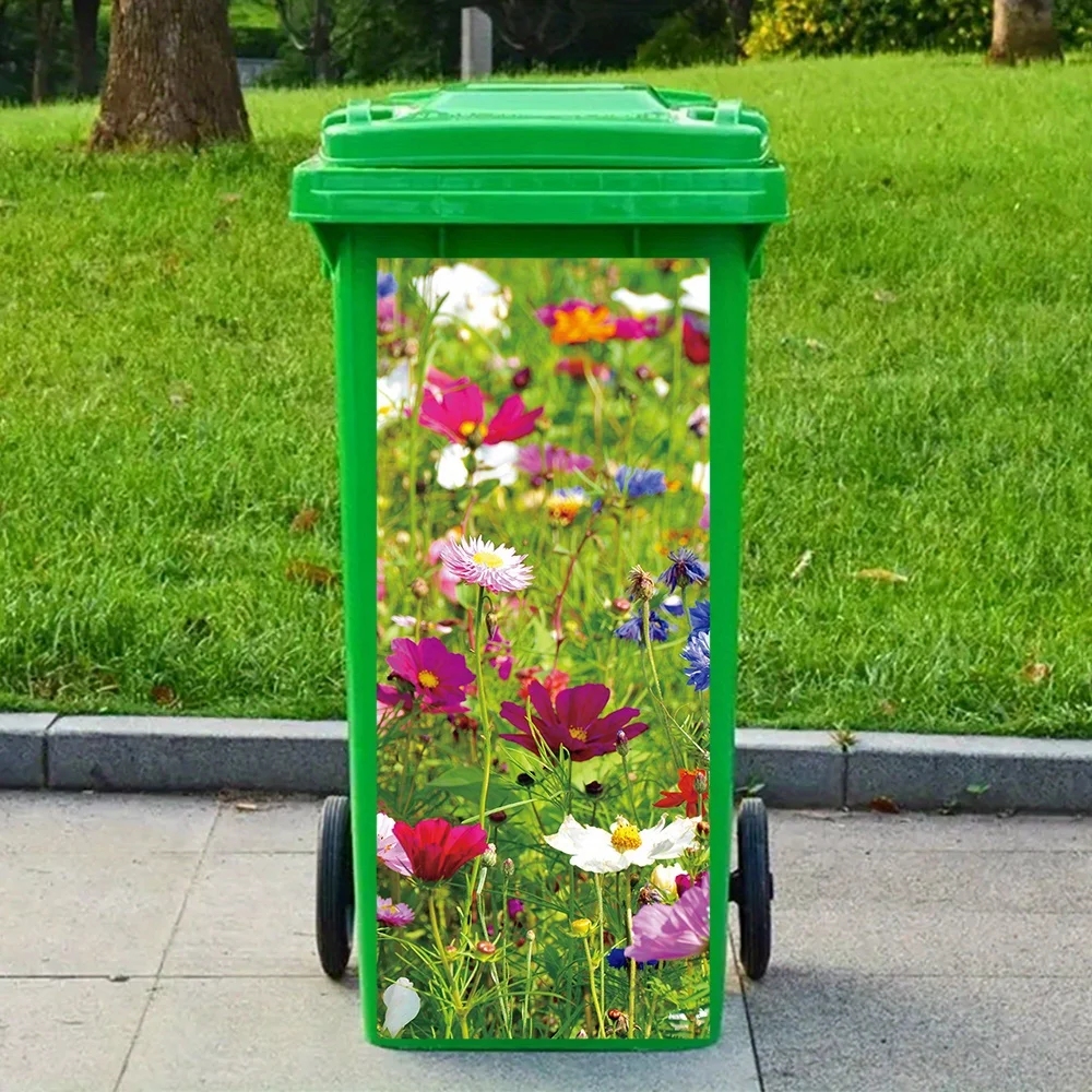 1 groene sticker voor de prullenbak met bloemen, maat 12,2 x 27,56 inch, zelfklevende PVC-sticker, creatieve huissticker