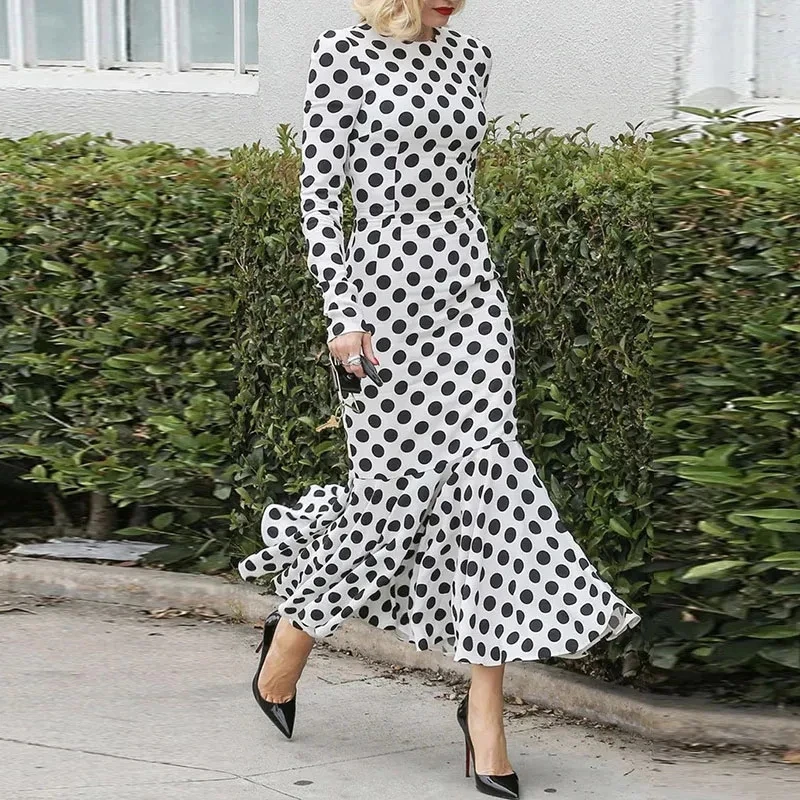 

French Style O-neck Long Sleeve Polka Dot Dress Elegant Women High Waist Fit Evening Dress Temperament Simple Ruffle Party Dress