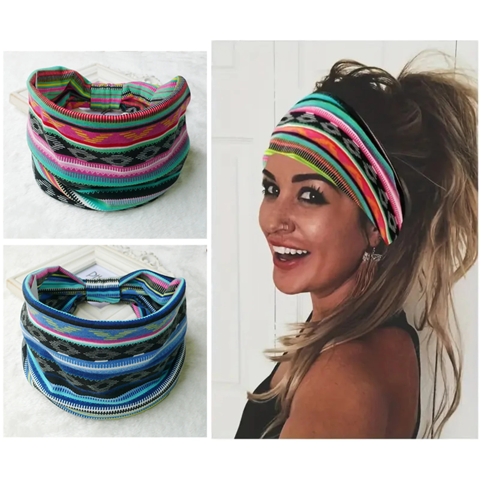 4PCS Boho Fashion Wide Headbands Sweat-absorbent Headscarf Bohemian Hair Accessories for Sports Tennis Gym Exercise MIAO-US