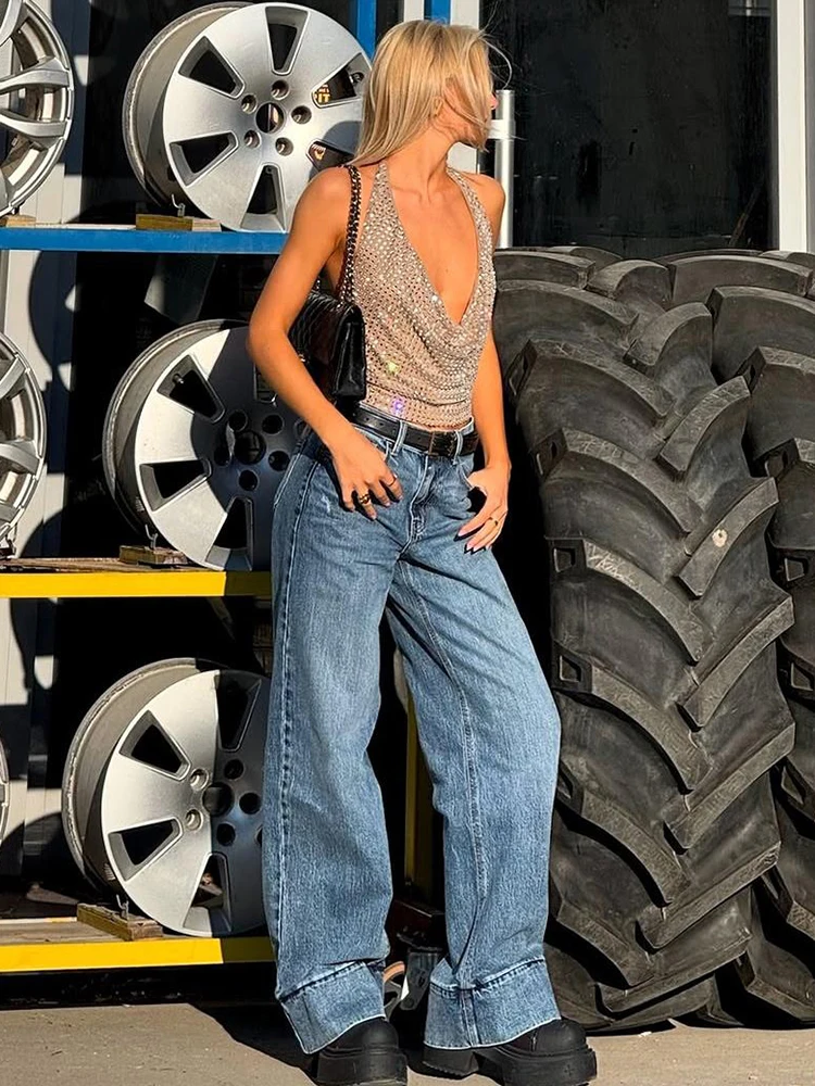 Kliou Pailletten Glänzende Frauen Tops Mode Sexy Low Swinging Neck Plissee Bauchfrei Crop Weste Weibliche Atemberaubende Heiße Party Clubwear