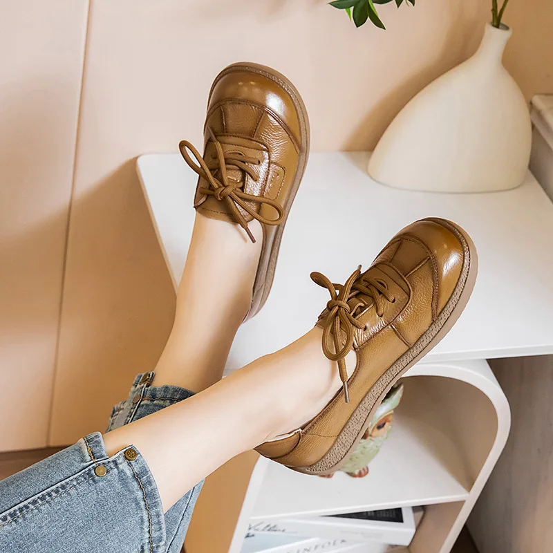 Geunine leather ethnic shoes for women 2025 plus size retro mom slip on moccasins woman casual real leather lace up sneakers
