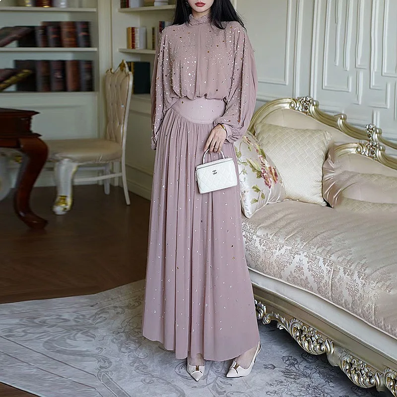 French Style Dress Set High Neck Rhinestone Top Slim Waist Long Skirt Matching Set