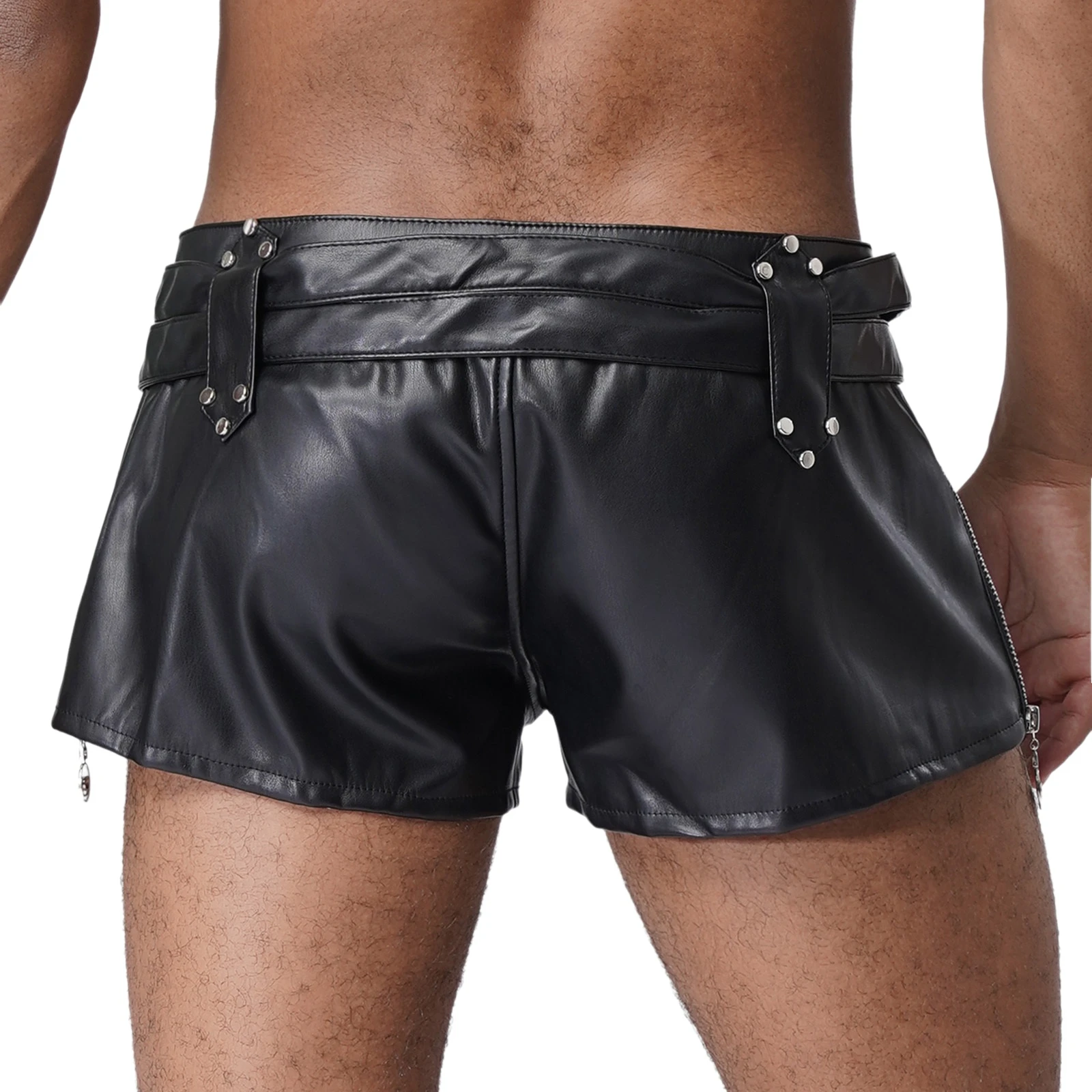 سراويل قصيرة عصرية للرجال من جلد البولي يوريثان، سراويل قصيرة منخفضة الارتفاع مع أحزمة مزدوجة قابلة للتعديل لحفلات مهرجان الموسيقى في الملهى الليلي