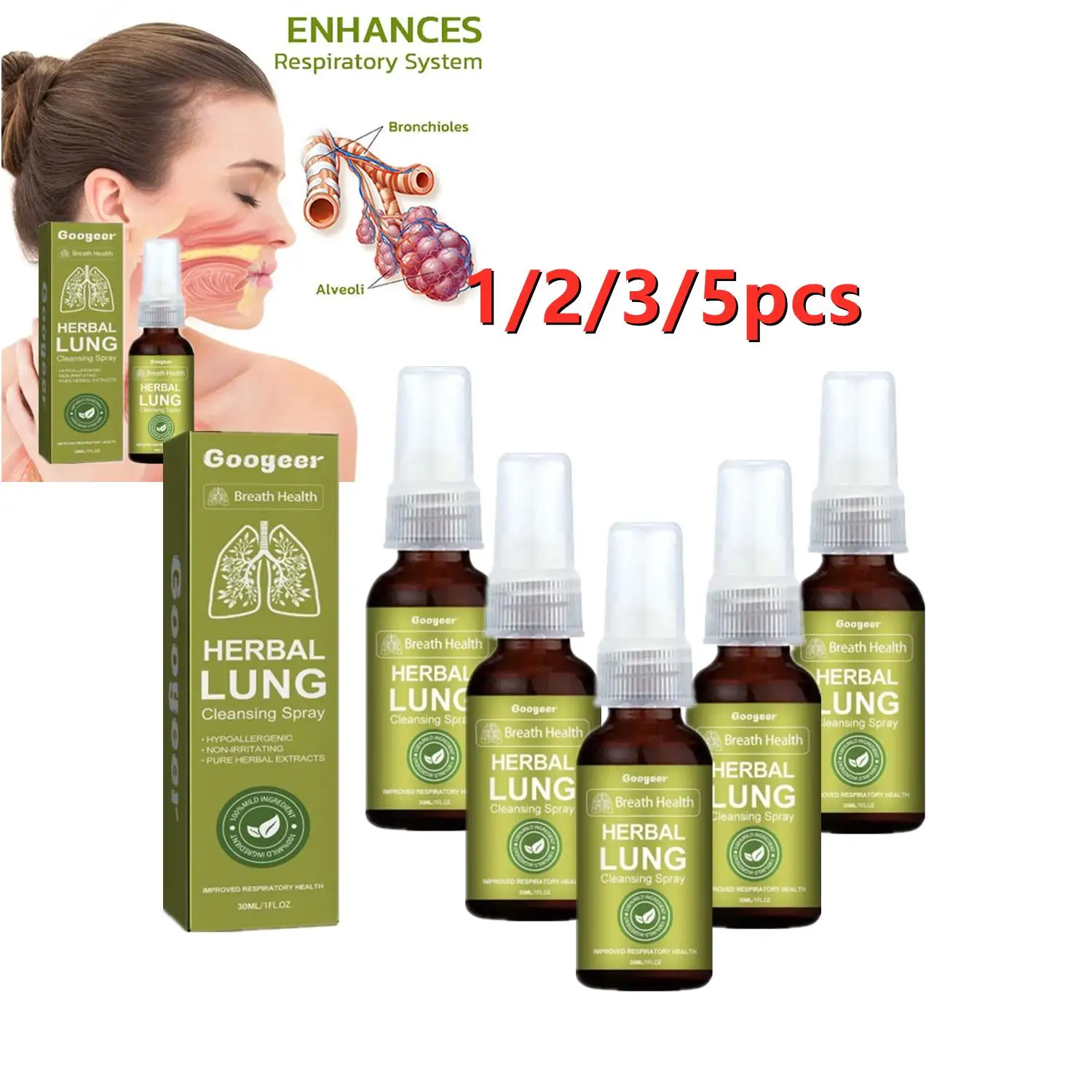 LOT Googeer Herbal Lung Cleansing Spray Breath Detox Herbal Lung Cleanse Spray, Herbal Lung Cleanse Mist - Powerful Lung Support